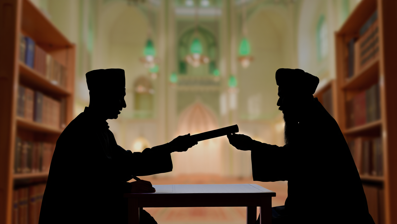 Scholars exchanging signed documents (silhouettes)