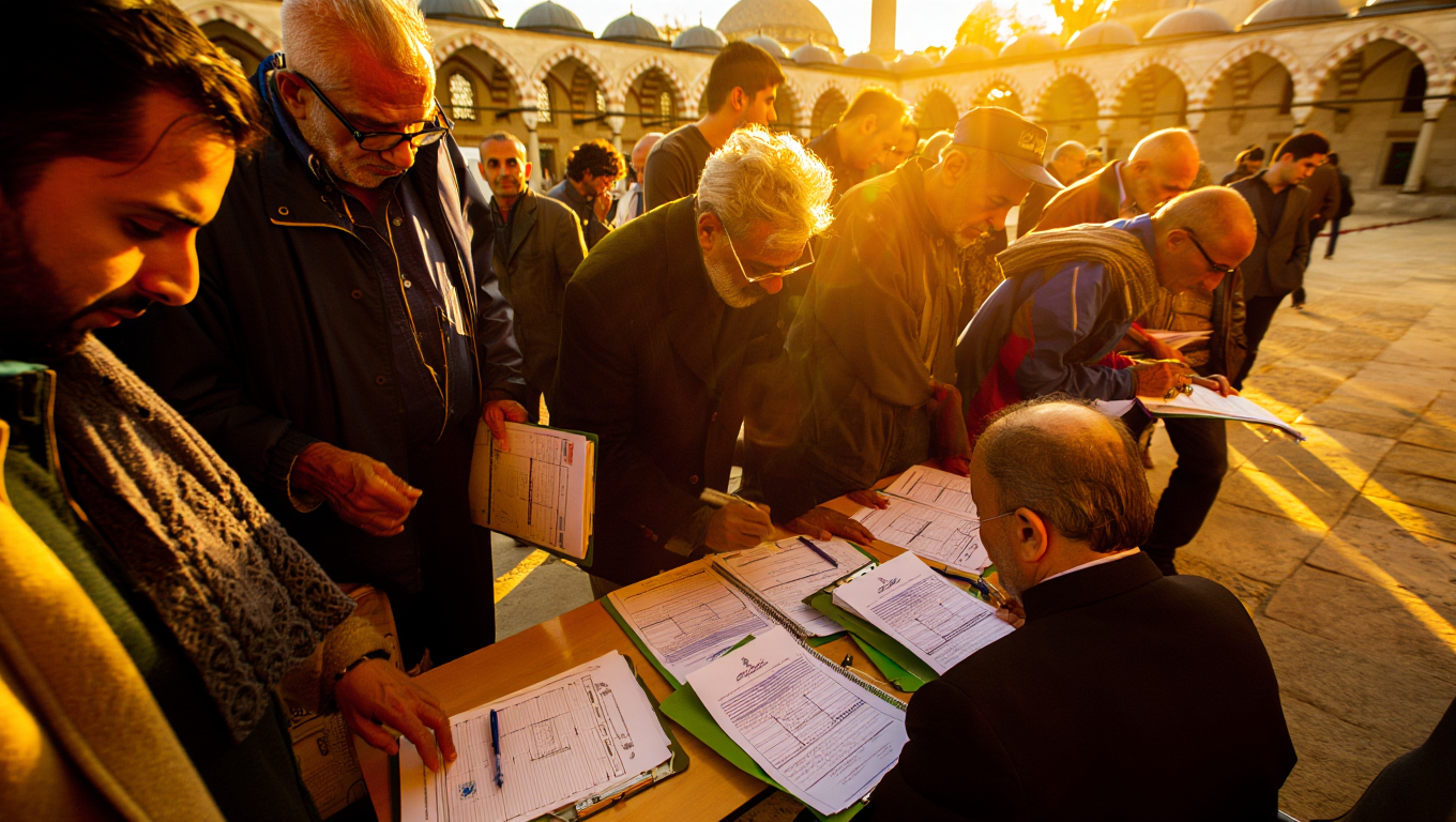 Citizens signing petitions in masjid courtyard