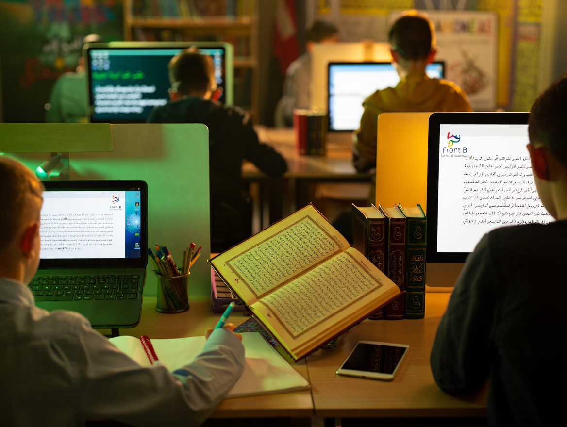 Youth with laptops and Qur’an on desk; silhouettes