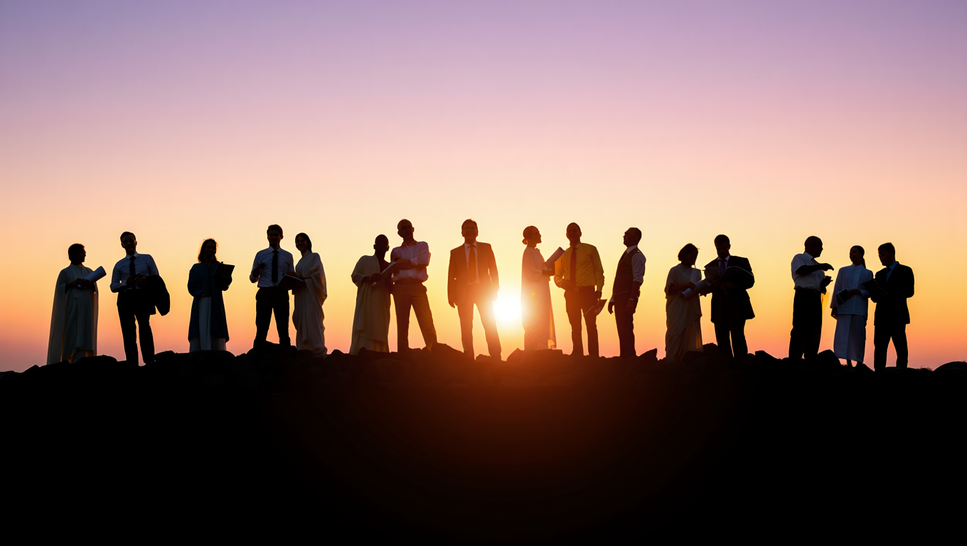 United silhouettes facing horizon with papers & devices
