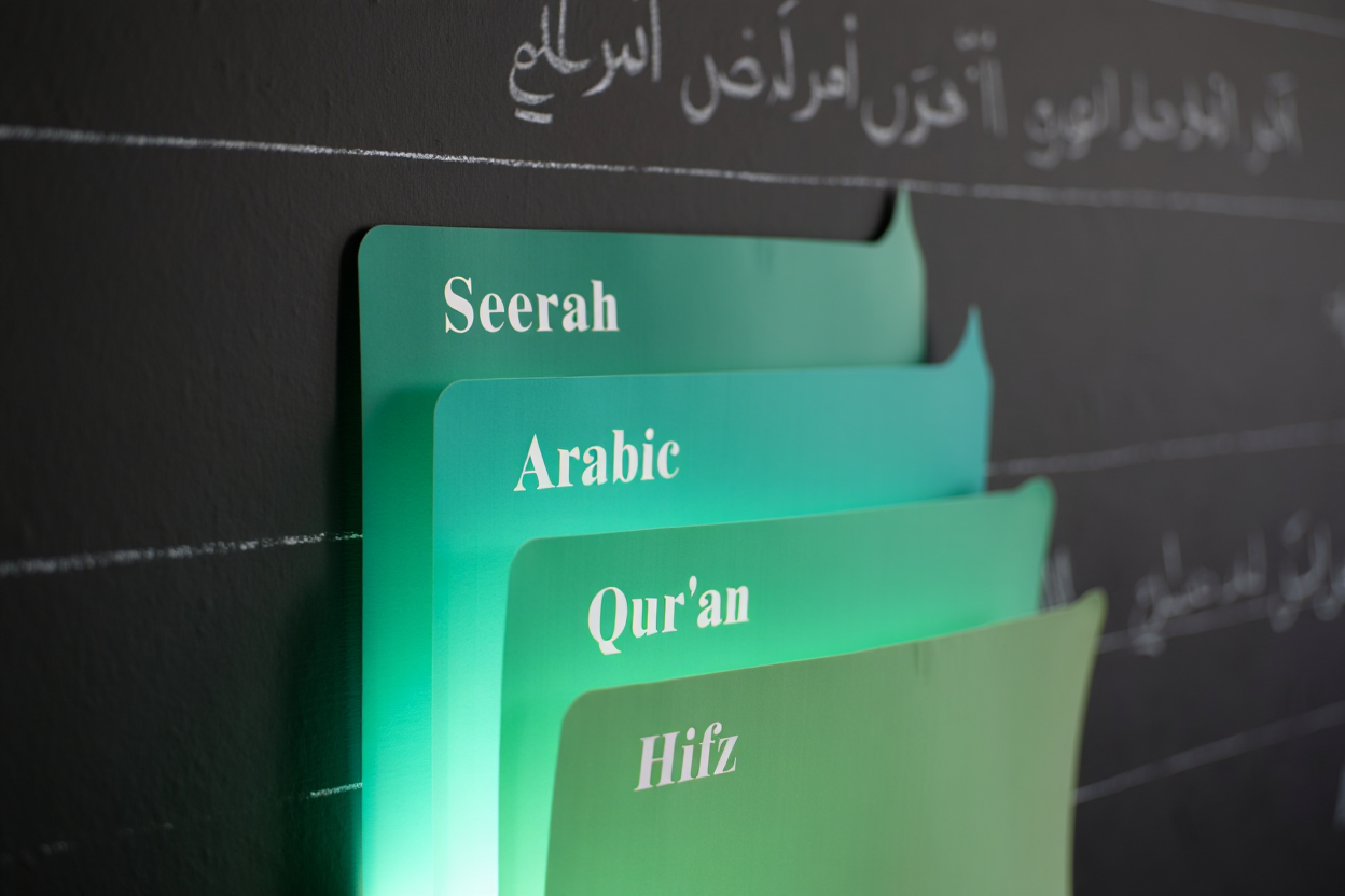 Folders labeled Seerah, Arabic, Qur’an, Hifz